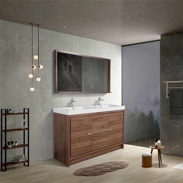 GEF Ember 48-in Freestanding Walnut Vanity with White Polymarble Countertop