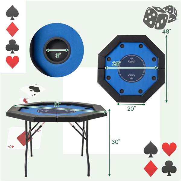 Costway 48-in Foldable 8-Player Portable Blackjack Texas Hold'em Poker Table - Blue