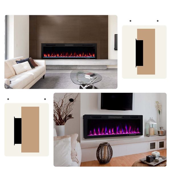 Costway 60-in Black Recessed Wall Mounted Electric Fireplace with Remote Control