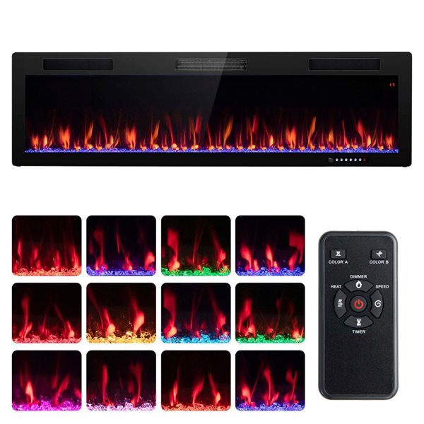 Costway 60-in Black Recessed Wall Mounted Electric Fireplace with Remote Control