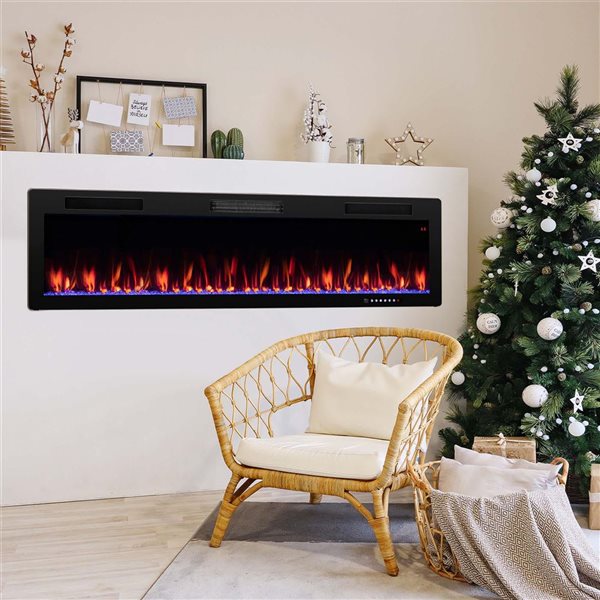 Costway 60-in Black Recessed Wall Mounted Electric Fireplace with Remote Control