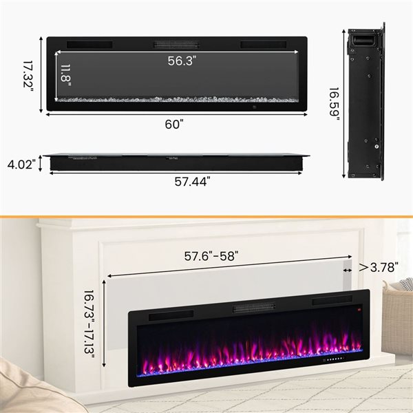 Costway 60-in Black Recessed Wall Mounted Electric Fireplace with Remote Control