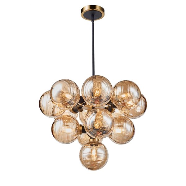 Artcraft Lighting Gem Black Brushed Brass Amber Glass 13-Light Chandelier
