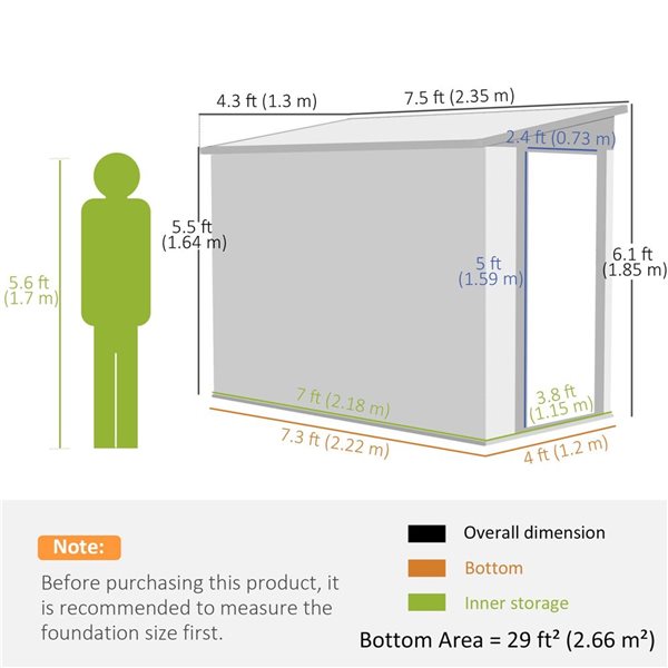 Outsunny 7 x 3.8-ft Lean-to Garden Shed - Light Grey