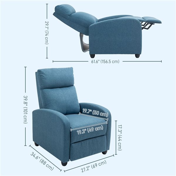 HOMCOM Blue Polyester Push Back Recliner Chair with Padded Seat