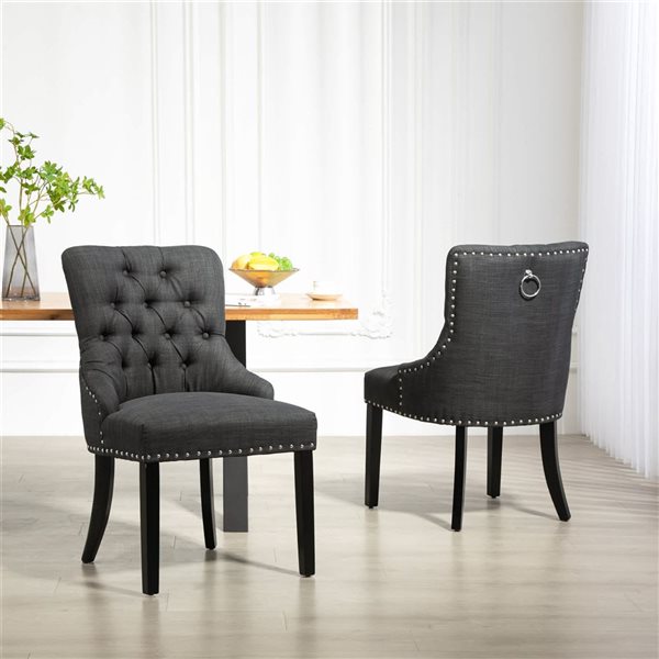 HOMCOM Dark Grey Fabric Modern Upholstered Button-Tufted Dining Chairs - Set of 2