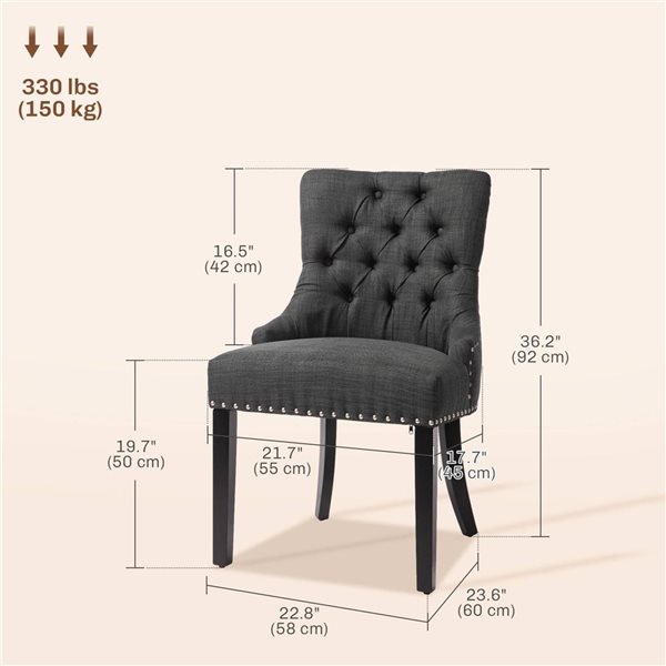 HOMCOM Dark Grey Fabric Modern Upholstered Button-Tufted Dining Chairs - Set of 2