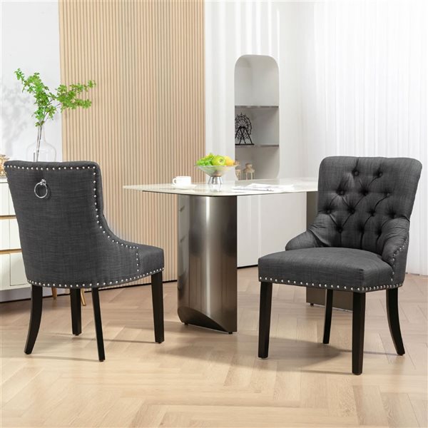 HOMCOM Dark Grey Fabric Modern Upholstered Button-Tufted Dining Chairs - Set of 2