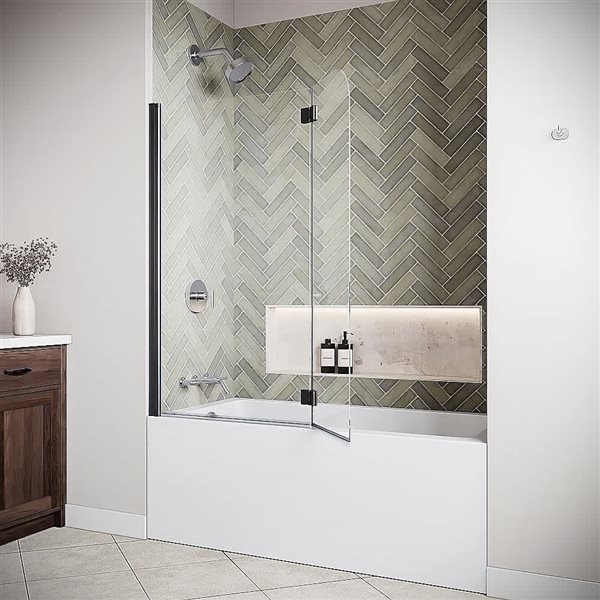 Streamline Isonzo 40 x 55-in Frameless Pivot Fixed Bathtub Panel w/ Matte Black Hardware and Clear Glass