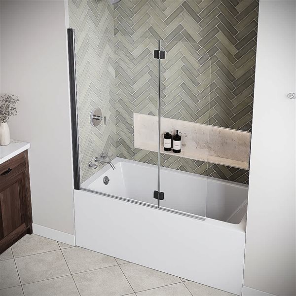 Streamline Isonzo 40 x 55-in Frameless Pivot Fixed Bathtub Panel w/ Matte Black Hardware and Clear Glass