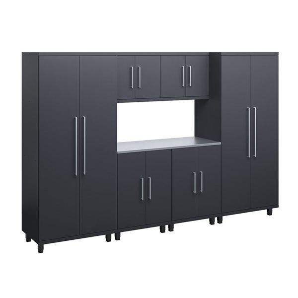 Ceha Garage Solutions Prestige 7-Pc Black Grey Steel Modular Garage System w/ Stainless Steel Work Surface