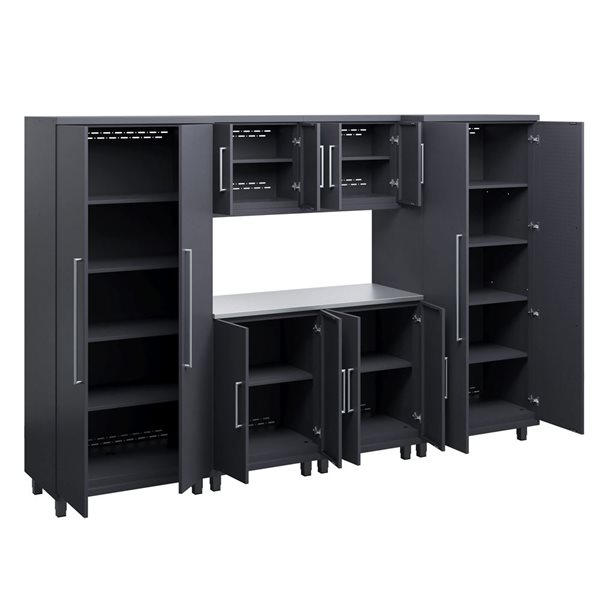 Ceha Garage Solutions Prestige 7-Pc Black Grey Steel Modular Garage System w/ Stainless Steel Work Surface