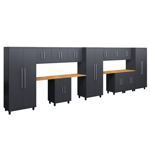 Ceha Garage Solutions Prestige 14-Pc Black Grey Steel Modular Garage System w/ Hardwood Work Surface
