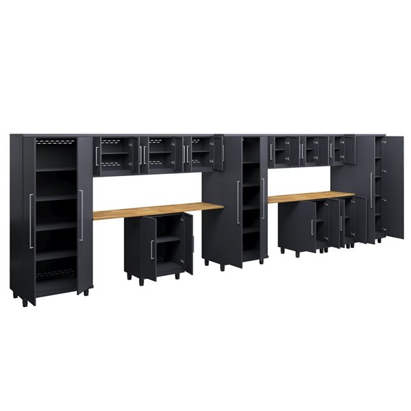 Ceha Garage Solutions Prestige 14-Pc Black Grey Steel Modular Garage System w/ Hardwood Work Surface