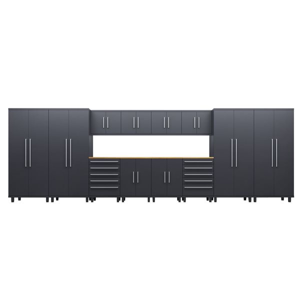Ceha Garage Solutions Prestige 14-Pc Black Grey Steel Modular Garage System w/ Hardwood Work Surface