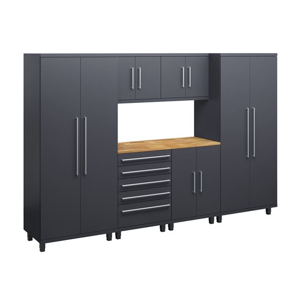 Ceha Garage Solutions Prestige 7-Pc Black Grey Steel Modular Garage System w/ Hardwood Work Surface