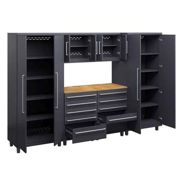Ceha Garage Solutions Prestige 7-Pc Black Grey Steel Modular Garage System w/ Hardwood Work Surface