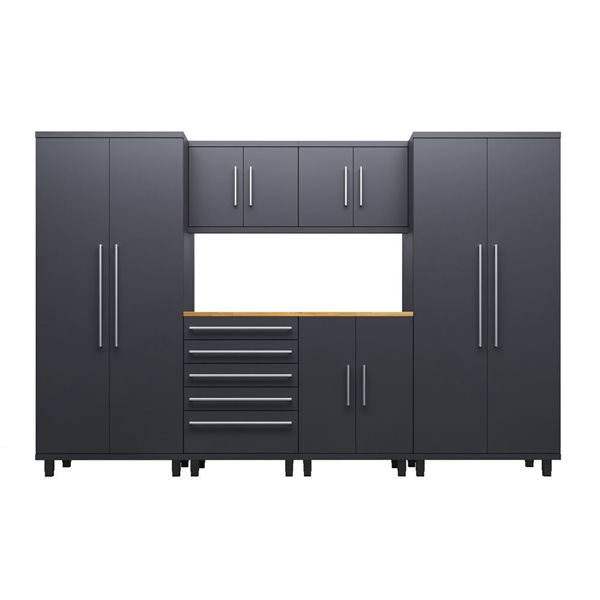 Ceha Garage Solutions Prestige 7-Pc Black Grey Steel Modular Garage System w/ Hardwood Work Surface