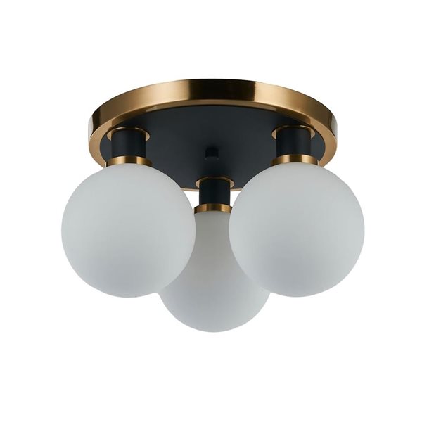 Artcraft Lighting Gem 14.5-in W 3-Light Black/Brushed Brass Semi-Flush Mount Ceiling Light w/ White Glass