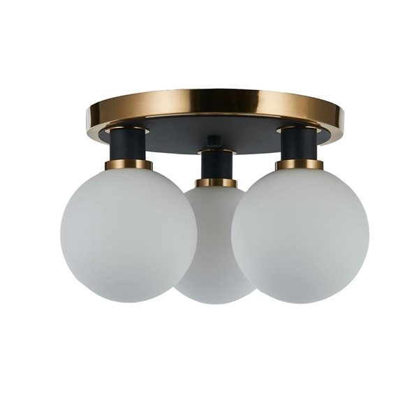 Artcraft Lighting Gem 14.5-in W 3-Light Black/Brushed Brass Semi-Flush Mount Ceiling Light w/ White Glass