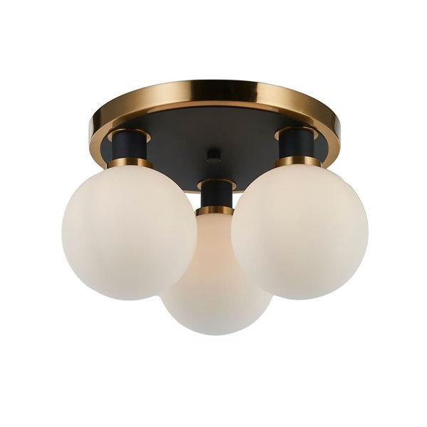 Artcraft Lighting Gem 14.5-in W 3-Light Black/Brushed Brass Semi-Flush Mount Ceiling Light w/ White Glass