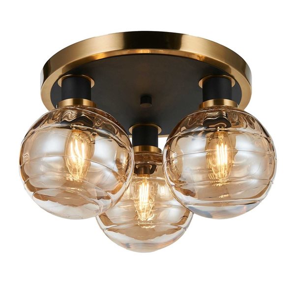 Artcraft Lighting Gem 14.5-in W 3-Light Black/Brushed Brass Semi-Flush Mount Ceiling Light w/ Amber Glass