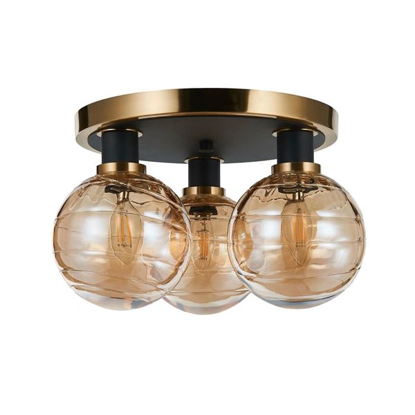 Artcraft Lighting Gem 14.5-in W 3-Light Black/Brushed Brass Semi-Flush Mount Ceiling Light w/ Amber Glass