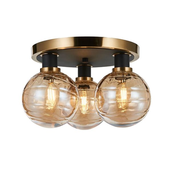 Artcraft Lighting Gem 14.5-in W 3-Light Black/Brushed Brass Semi-Flush Mount Ceiling Light w/ Amber Glass