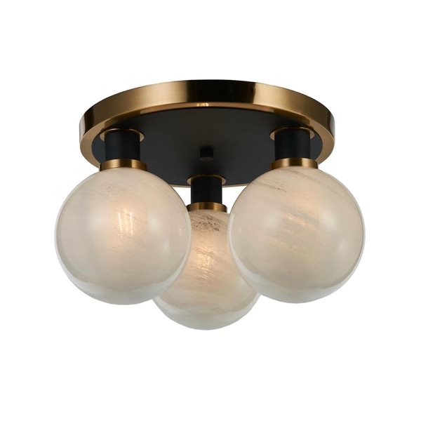 Artcraft Lighting Gem 14.5-in W 3-Light Black/Brushed Brass Semi-Flush Mount Ceiling Light w/ Textured White Glass