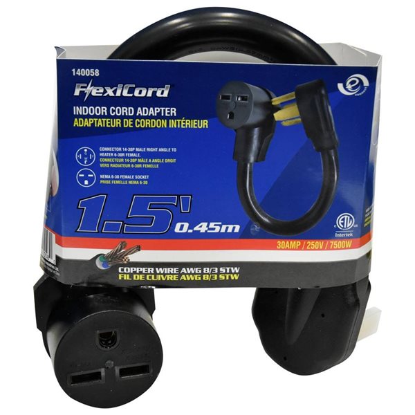 FlexiCord Indoor Cord Adp. Dryer 14-30P Male Right Angle to Heater 6-30R Female