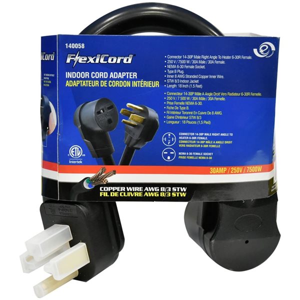 FlexiCord Indoor Cord Adp. Dryer 14-30P Male Right Angle to Heater 6-30R Female