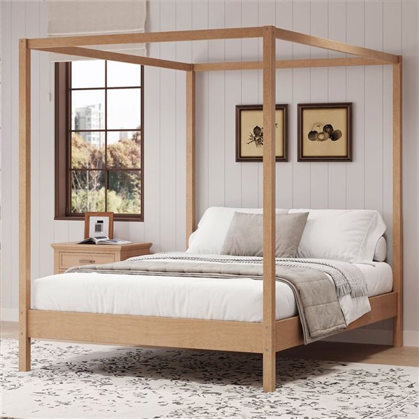 Mondawe Natural Wooden Canopy Natural King-Size Bed Frame