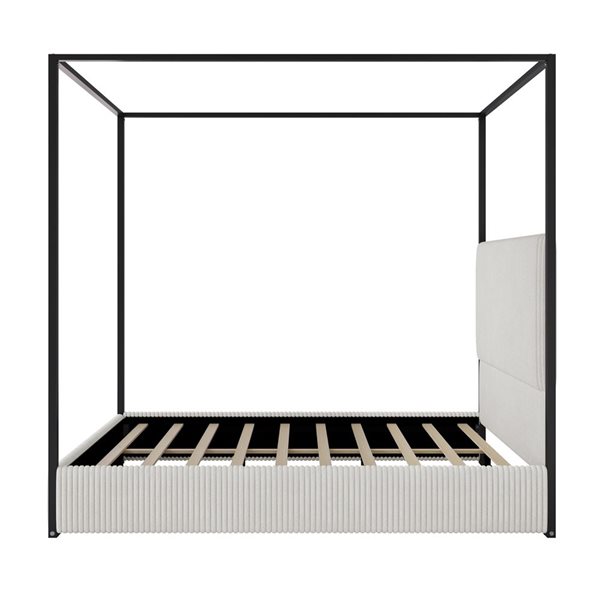 Mondawe White Metal Canopy White Queen-Size Bed Frame with Upholstered Headboard