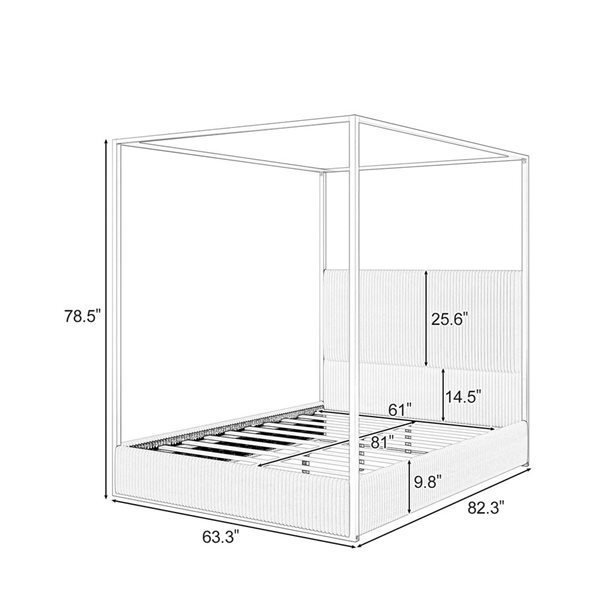 Mondawe White Metal Canopy White Queen-Size Bed Frame with Upholstered Headboard