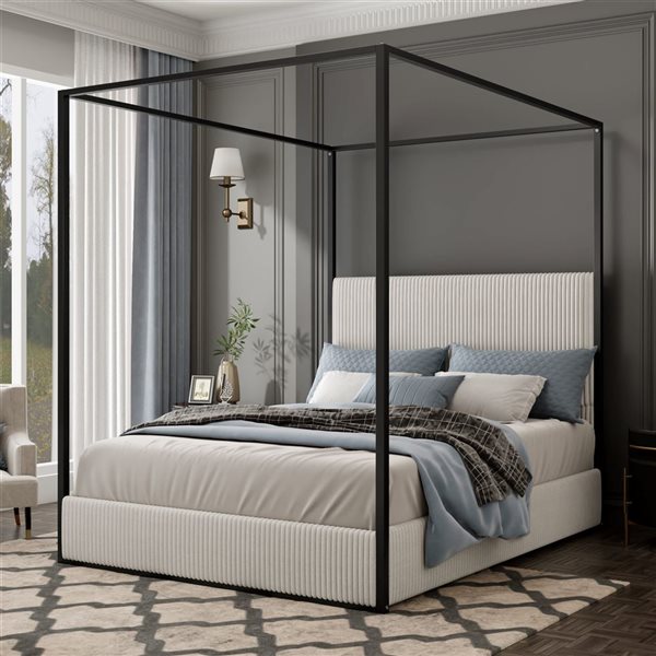 Mondawe White Metal Canopy White Queen-Size Bed Frame with Upholstered Headboard