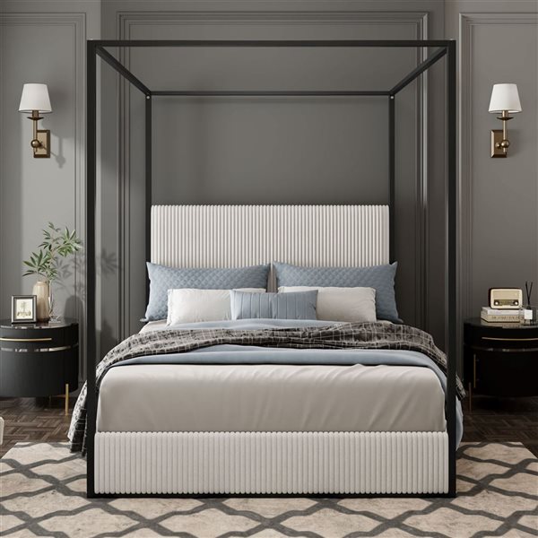 Mondawe White Metal Canopy White Queen-Size Bed Frame with Upholstered Headboard