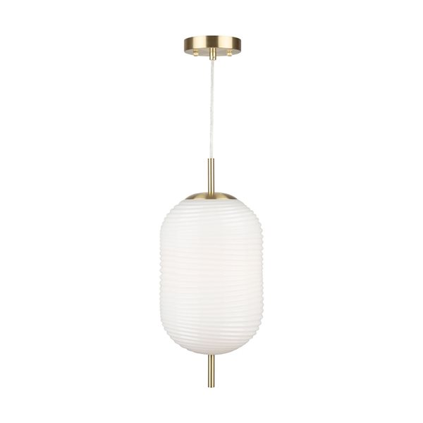 Artcraft Lighting Vita 1-Light Modern Pendant Light w/ Ribbed Glass Globe Shade - White/Brass