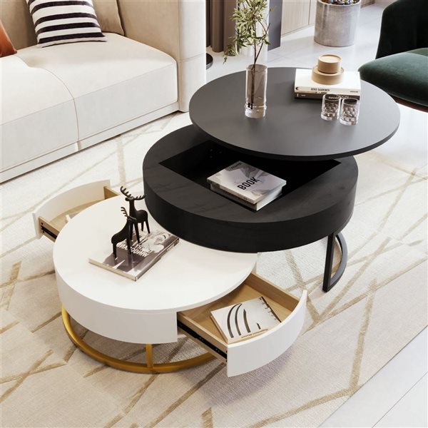 Mondawe Modern Round Lift-top Nesting Coffee Tables w/ 2 Drawers - White/Black