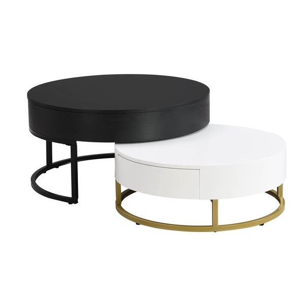 Mondawe Modern Round Lift-top Nesting Coffee Tables w/ 2 Drawers - White/Black