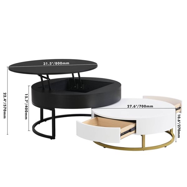Mondawe Modern Round Lift-top Nesting Coffee Tables w/ 2 Drawers - White/Black