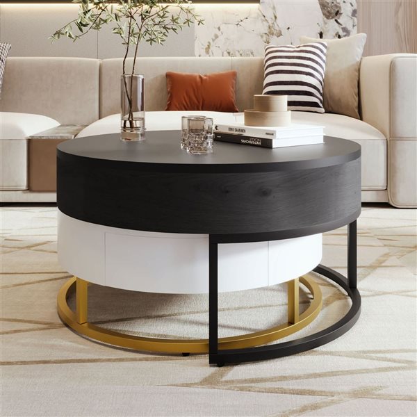 Mondawe Modern Round Lift-top Nesting Coffee Tables w/ 2 Drawers - White/Black