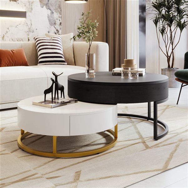 Mondawe Modern Round Lift-top Nesting Coffee Tables w/ 2 Drawers - White/Black