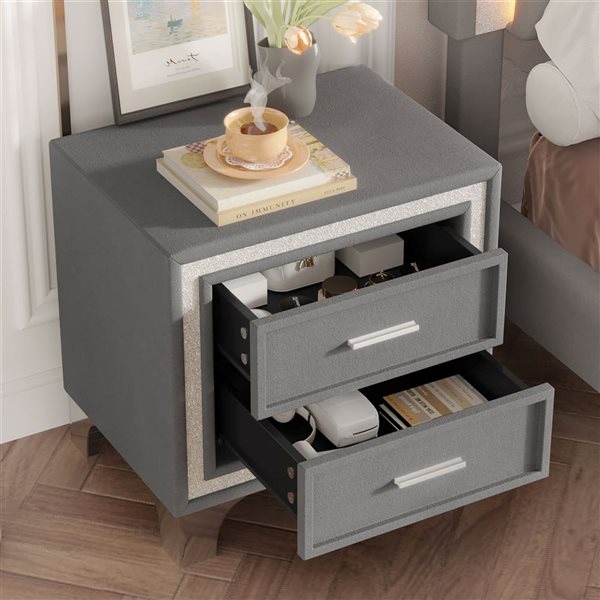 Mondawe Mid-Century Velvet Covered Nightstand w/ 2 Drawers and Silver Glitter Accent - Grey