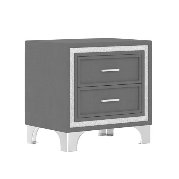 Mondawe Mid-Century Velvet Covered Nightstand w/ 2 Drawers and Silver Glitter Accent - Grey