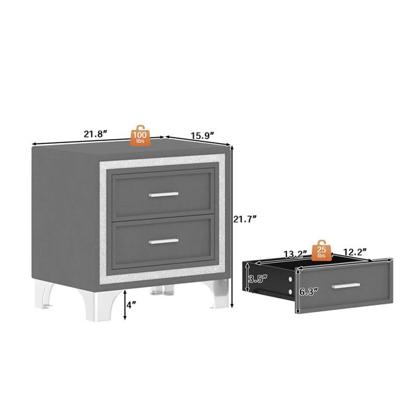 Mondawe Mid-Century Velvet Covered Nightstand w/ 2 Drawers and Silver Glitter Accent - Grey