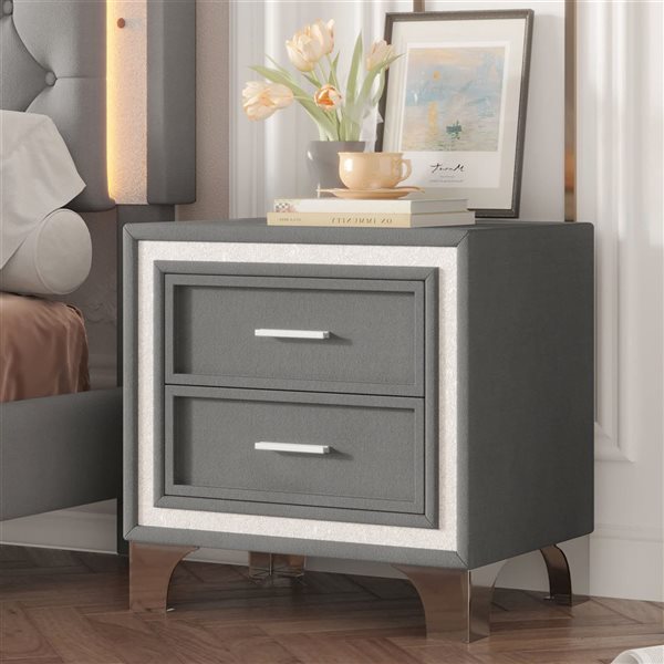 Mondawe Mid-Century Velvet Covered Nightstand w/ 2 Drawers and Silver Glitter Accent - Grey