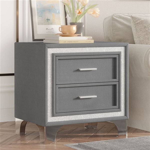 Mondawe Mid-Century Velvet Covered Nightstand w/ 2 Drawers and Silver Glitter Accent - Grey