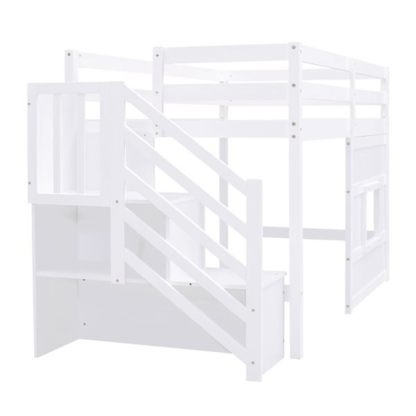Mondawe Twin Size Loft Wood Bed Frame w/ Storage Staircase + LED Ligthing - White