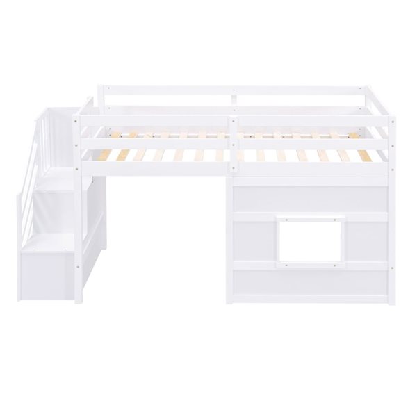 Mondawe Twin Size Loft Wood Bed Frame w/ Storage Staircase + LED Ligthing - White