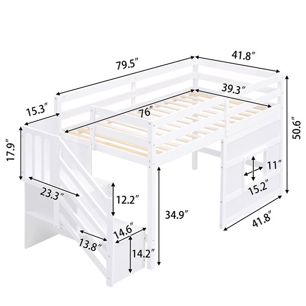 Mondawe Twin Size Loft Wood Bed Frame w/ Storage Staircase + LED Ligthing - White